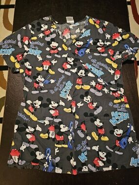 Disney Black Mickey Mouse Multicolor Scrub Top